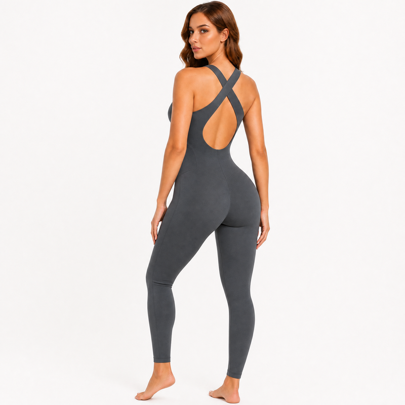 Women's Seamless Sculpting Full Length Bodysuit - X Back Yoga Jumpsuit with 4-Way Stretch