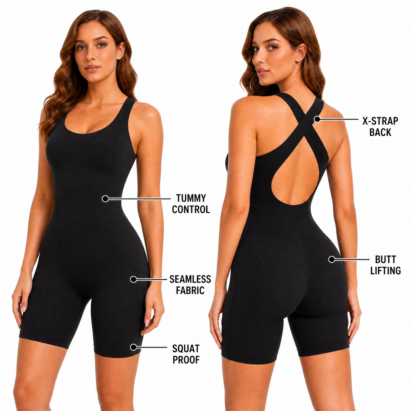 Black Seamless Sculpting Bodysuit Romper with X-Back Design