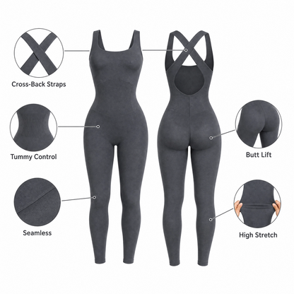 Women's Seamless Sculpting Full Length Bodysuit - X Back Yoga Jumpsuit with 4-Way Stretch