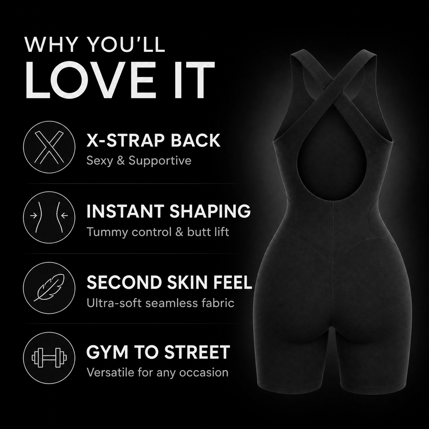 Black Seamless Sculpting Bodysuit Romper with X-Back Design
