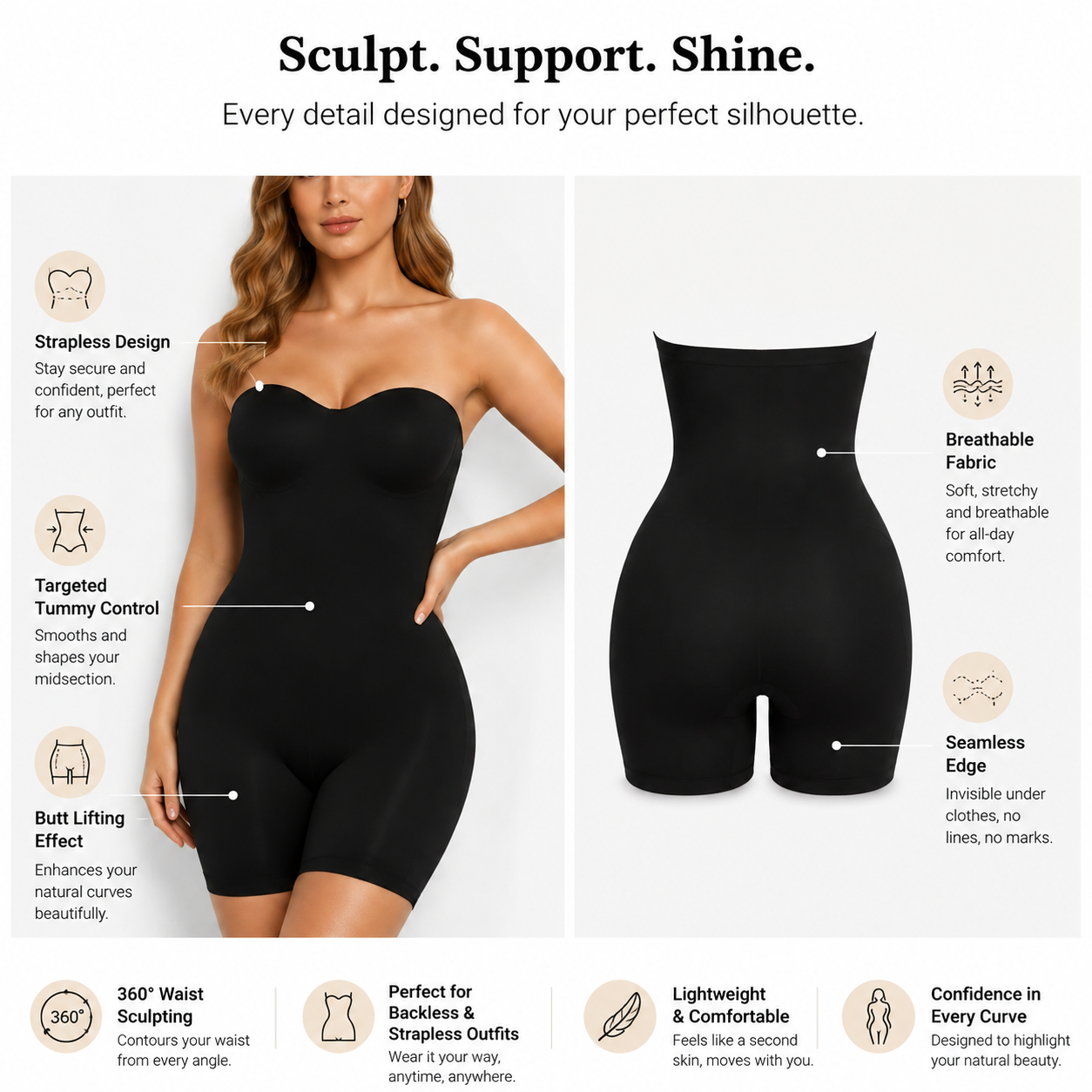 Strapless Sculpting Shapewear Bodysuit Tummy Control Butt Lifting Shorts