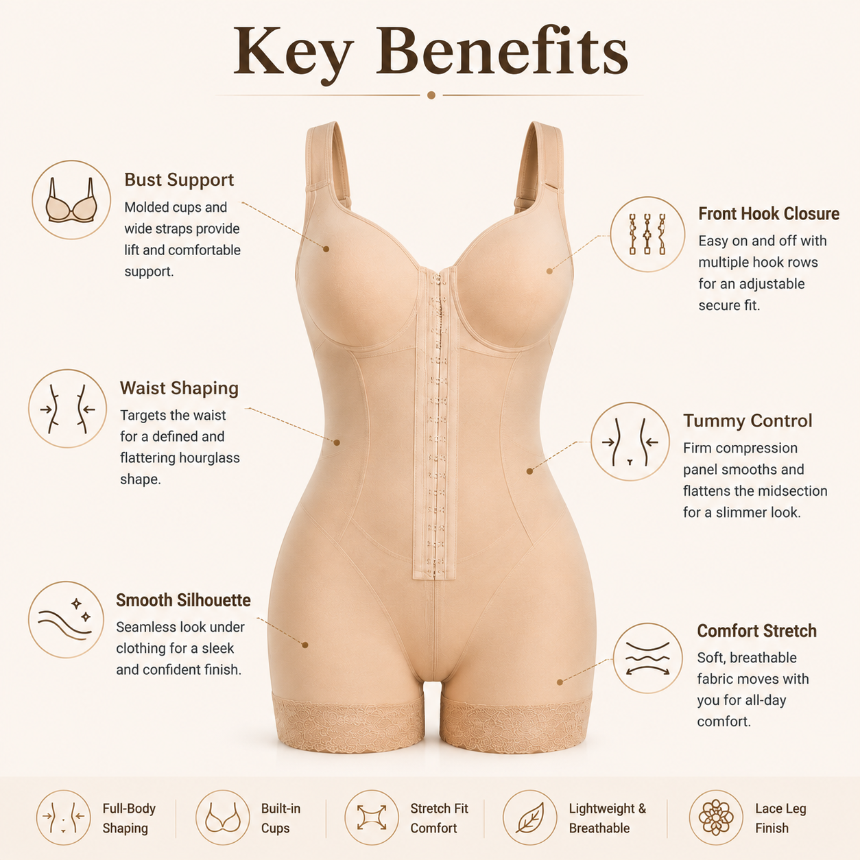 Women’s Full Body Shaping Bodysuit with Built-In Cups and Tummy Control