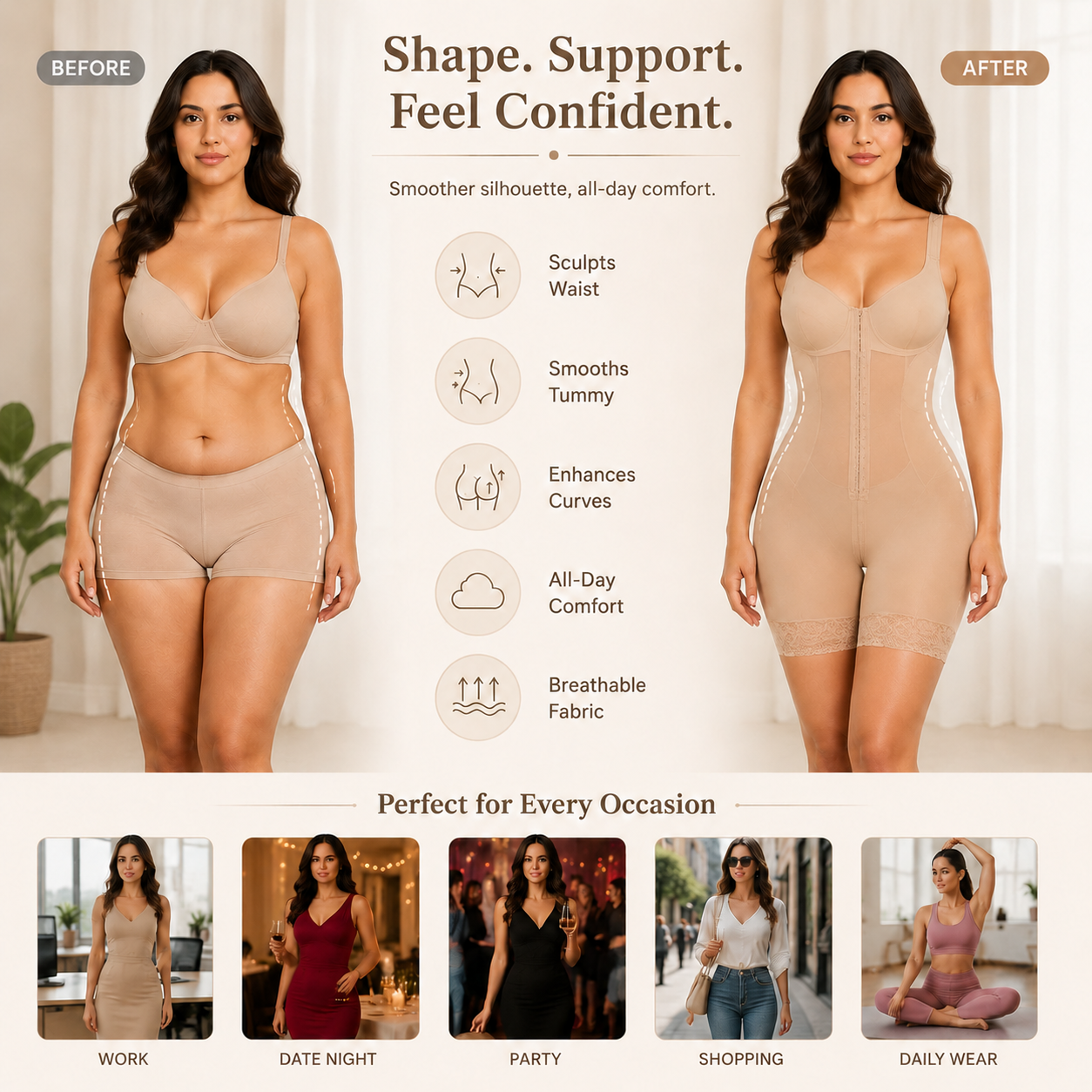 Women’s Full Body Shaping Bodysuit with Built-In Cups and Tummy Control
