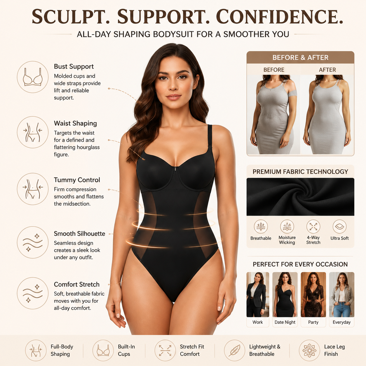 Women’s Seamless Sculpting Bodysuit with Built-In Cups and Curve Enhancement
